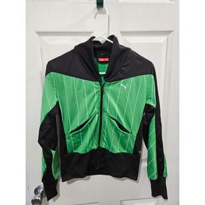 Puma Womens Track‎ Jacket Green Black Pinstripe Zip Up Mock Neck Size XS y2k